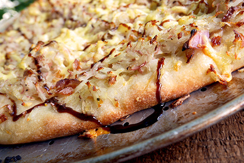 Overloaded Potato and Garlic Pizza closeup